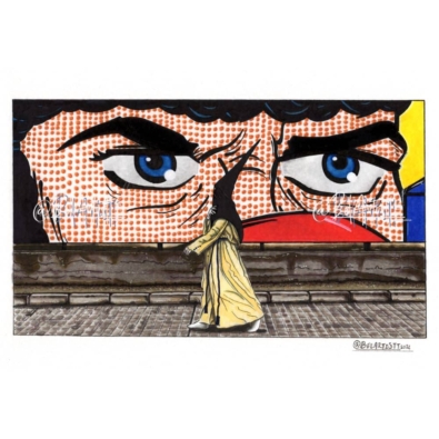 Nazareno de San Pablo pasando junto a un grafiti, dibujo a bolígrafo-rotring y color con rotuladores base alcohol.