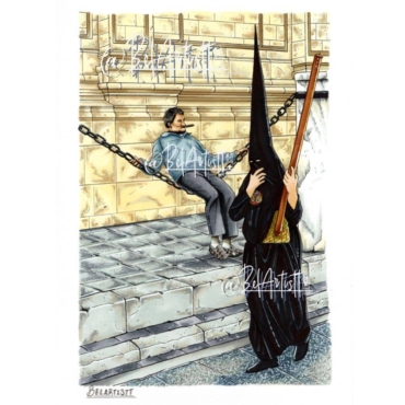 Reinterpretación en dibujo de la fotografía icónica de la semana santa de sevilla "Fumando al paso de la cofradía de los estudiantes"