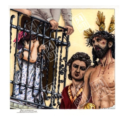 Jesús Despojado con sayón y niña asomada al balcón; escena sevillana ilustrada por Belartistt.