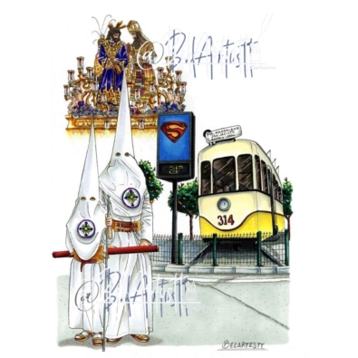 Dos nazarenos de San Gonzalo en Triana con paso al fondo y guiño pop, ilustración de Belartistt.