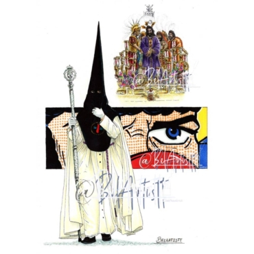 Nuestra tienda 18 Nazareno de San Pablo con vara, paso del Cautivo y fondo pop; ilustración Hohenleiter Reloaded.