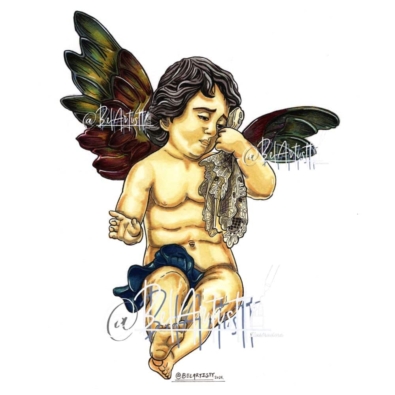 Ángel con pañuelo del paso de Pasión y Muerte de Triana; ilustración cofrade de Belartistt.