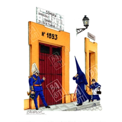 Músico de la Banda de la Sol junto a la puerta 1893 y un nazareno del Baratillo con monaguillo; escena sevillana ilustrada por Belartistt.