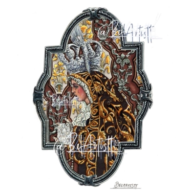 La Macarena en su camarín, perfil con manto bordado y orfebrería; ilustración de Belartistt.