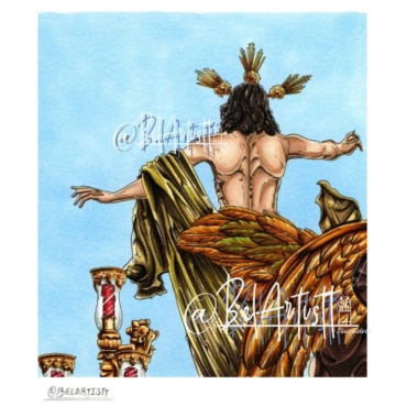 Nuestra tienda 12 Resucitado de Sevilla visto de espaldas en su paso, con candelabros y vista parcial del ángel; ilustración de Belartistt.