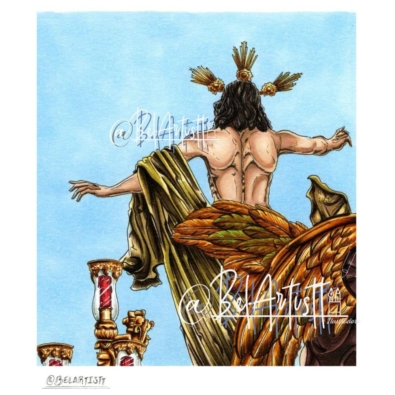 Resucitado de Sevilla visto de espaldas en su paso, con candelabros y vista parcial del ángel; ilustración de Belartistt.