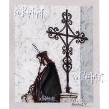 Nuestra tienda 13 Lámina del Señor de San Esteban jutno a una cruz de cerrajeria. Una escena cofrade íntima para decorar un rincón de tu hogar.